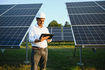 Portrait young indian technician or manager wearing formal cloths standing with solar panel. renewable energy, man standing crossed arm, copy space