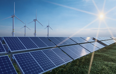 3D rendering illustration of wind turbines and solar panels for