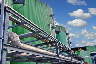 Biogas tanks on a biogas plant. Wastes recycling ecology concept